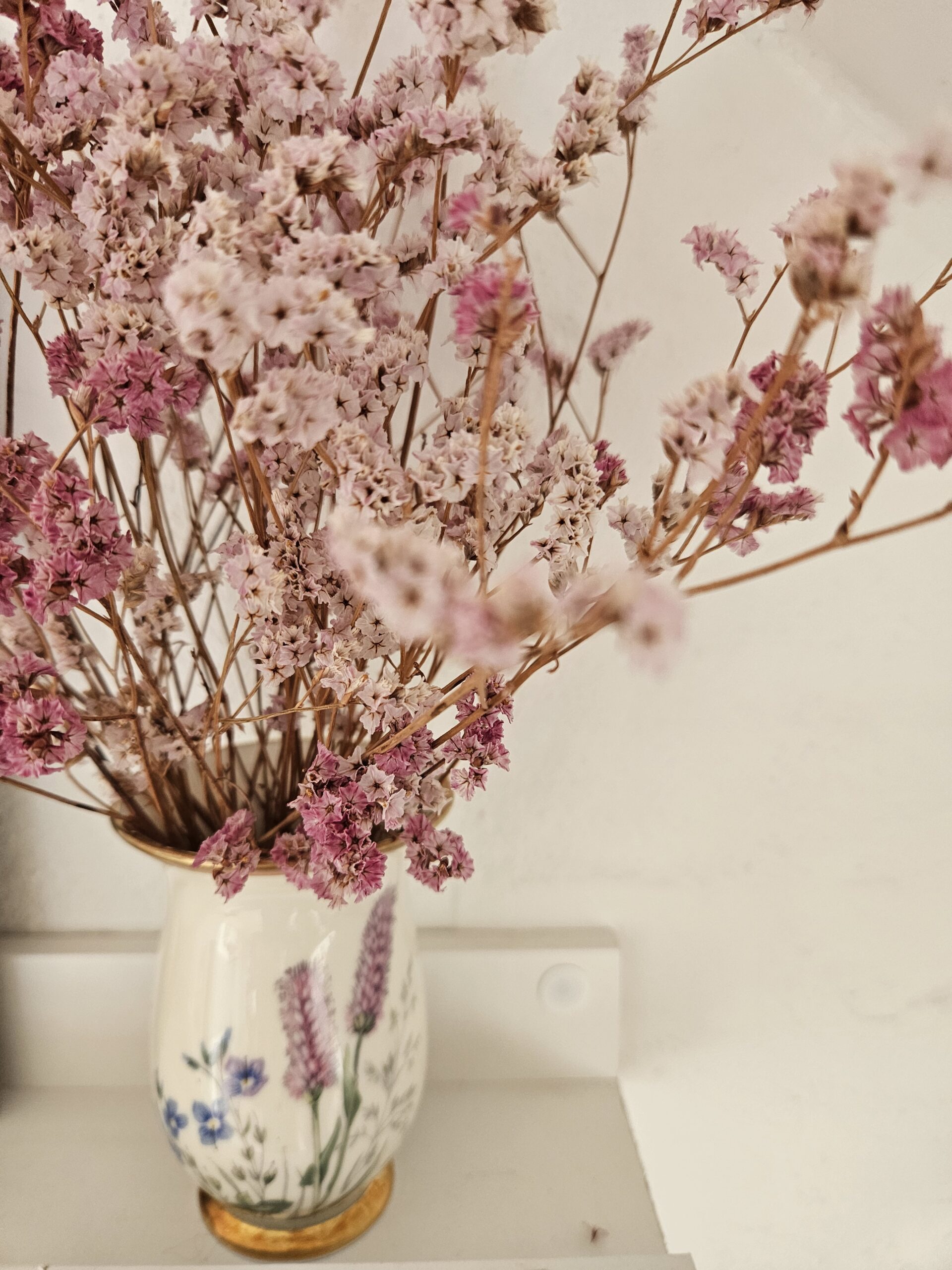 Tørrede lyserøde blomster i vase.